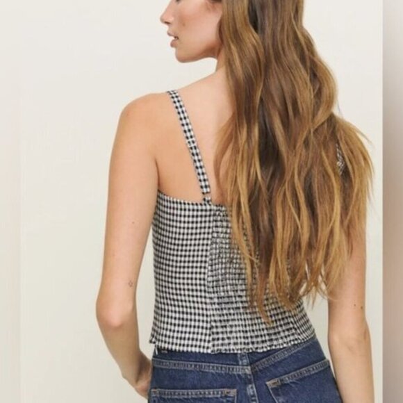 NEW Reformation Hattie Linen Top in Black and White Remy Check | size US 0 - Picture 4 of 13